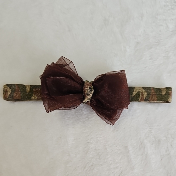 Infant/Baby Camouflage Headband with Sheer Brown Bow - Picture 1 of 5